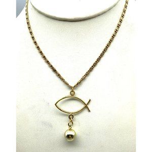 Christian Fish Wire Pendant Necklace, Unique Ichthus Faith in Gold Tone, Choker